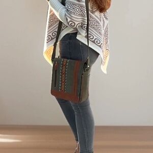 Artisan Embroidered Suede Green Crossbody Bag Medium Size, adjustable Strap